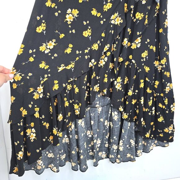 NWT Torrid Black Yellow Floral Faux Wrap Maxi Challis Skirt Ruffle Trim High Low - Picture 6 of 12